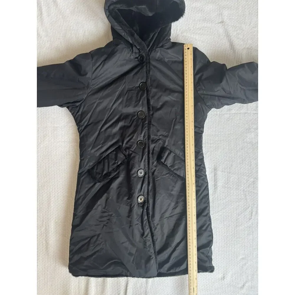 The Children's Place Jacket Girls L 10/12 Black Fur Nylon Hooded Reversible City